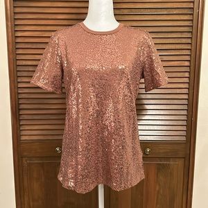 DKNY Copper Brown Sequined Crew Neck Short Sleeve Top Size S